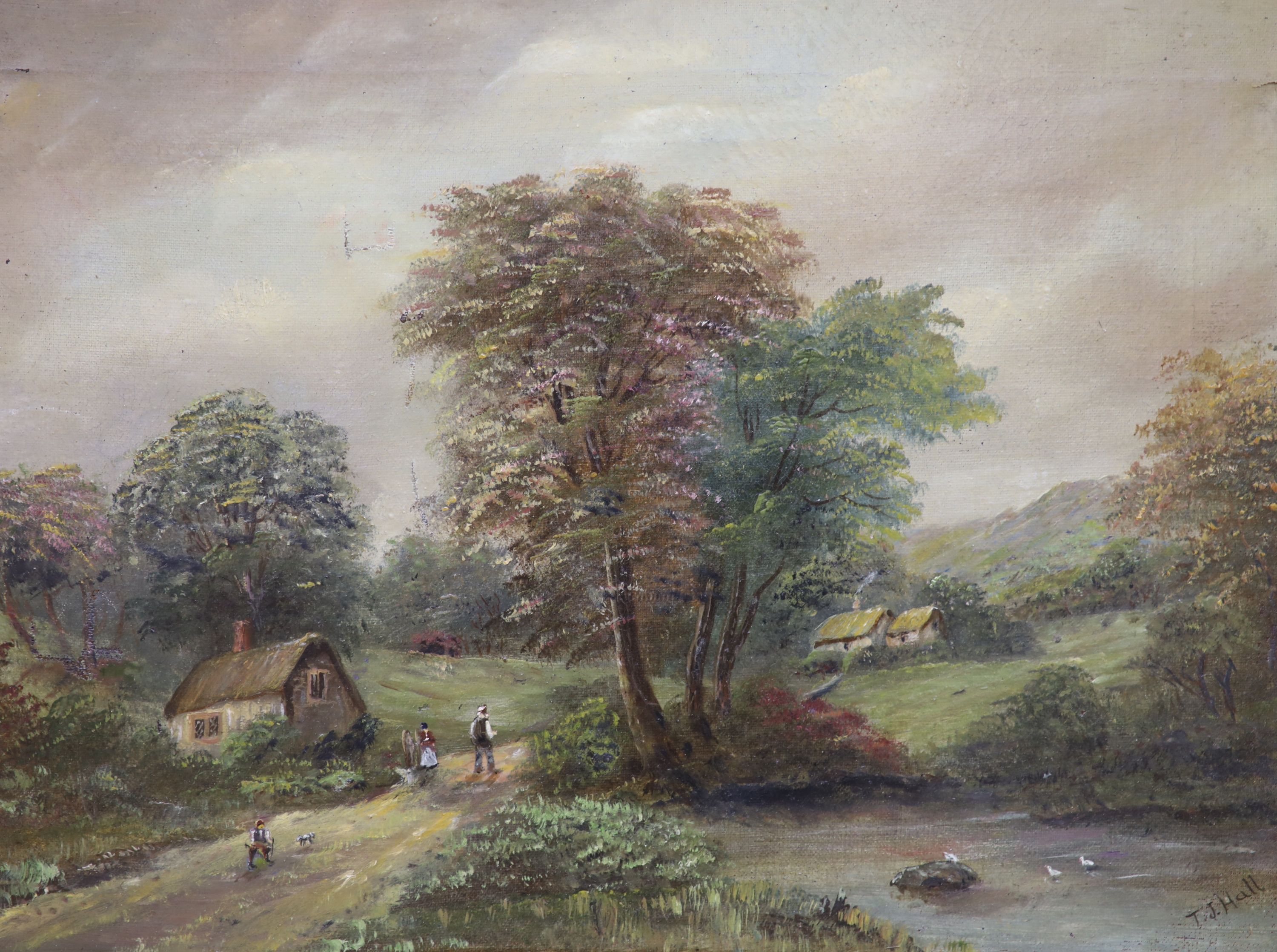 English School c.1900, oil on canvas, Study of a watermill, 50 x 75cm and an oil of figures in a landscape